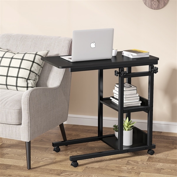 Brown/ Black Wood C-Shaped OverBed SideTable with Wheels， Industrial mobile Bed End Tables for Bedroom