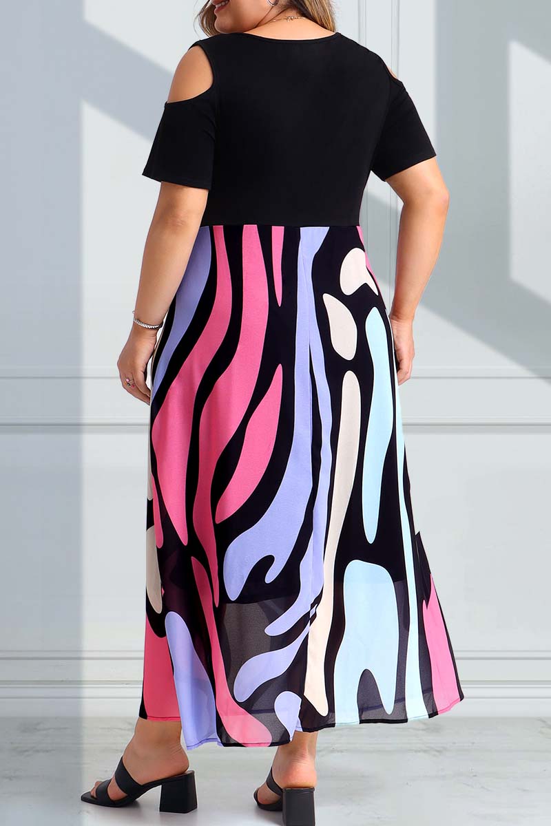 Plus Size Round Neck Cold Shoulder Multi Color Maxi Dresses