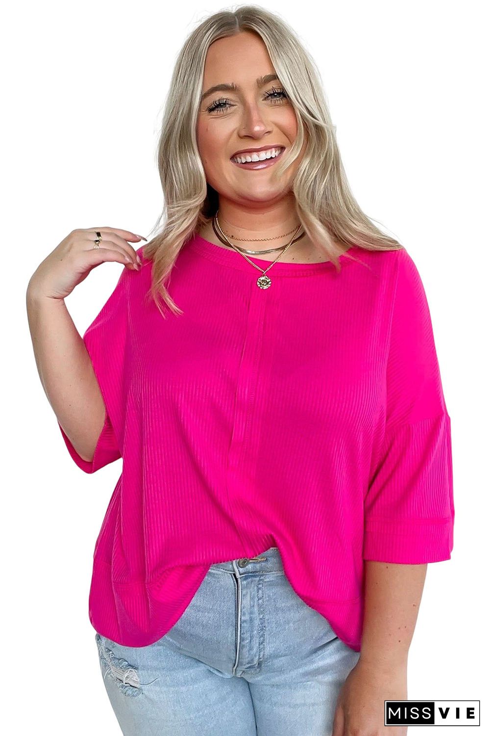 Pink Plus Size Ribbed 3/4 Sleeves Flowy Top