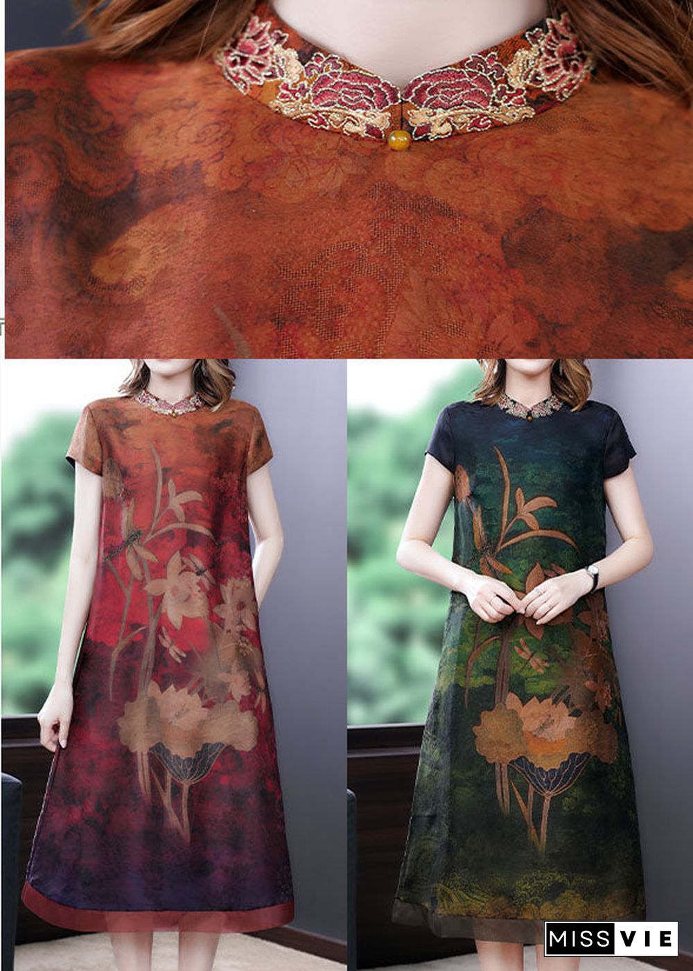 Fitted Red Print Stand Collar Silk Dresses Short Sleeve