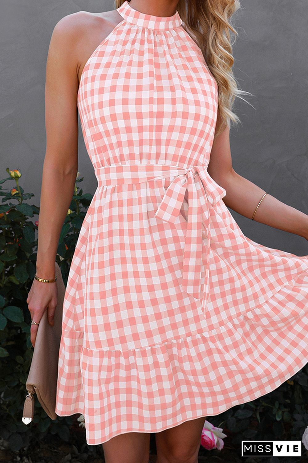 Halter Sleeveless Plaid Midi Dress Wholesale