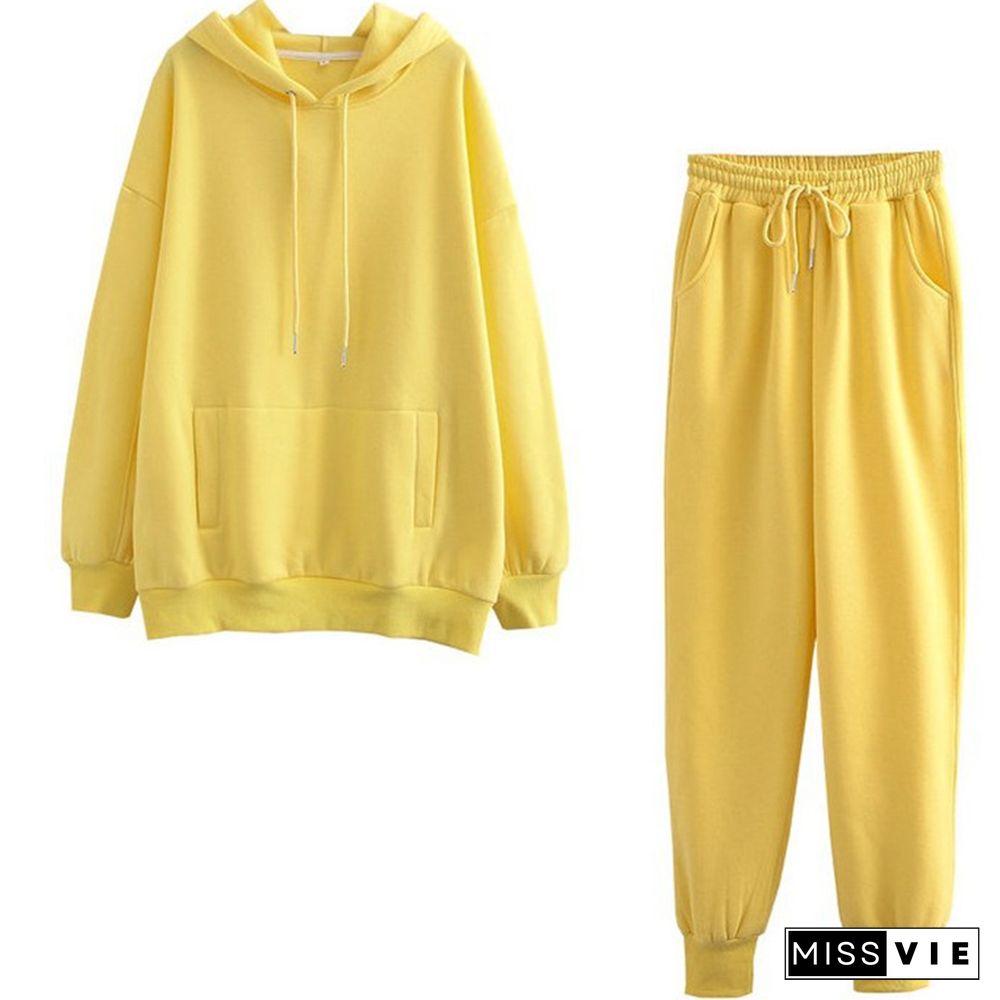 Casual Pure Color Draw String Hoodie Pants Set