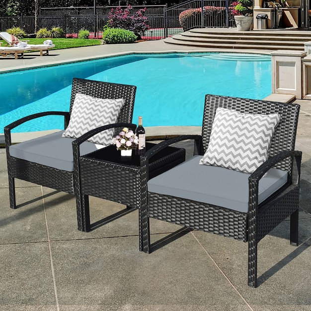 Costway 3pcs Patio Rattan Furniture Set Coffee Table Conversation Sofa Outdoor Cushioned Gray