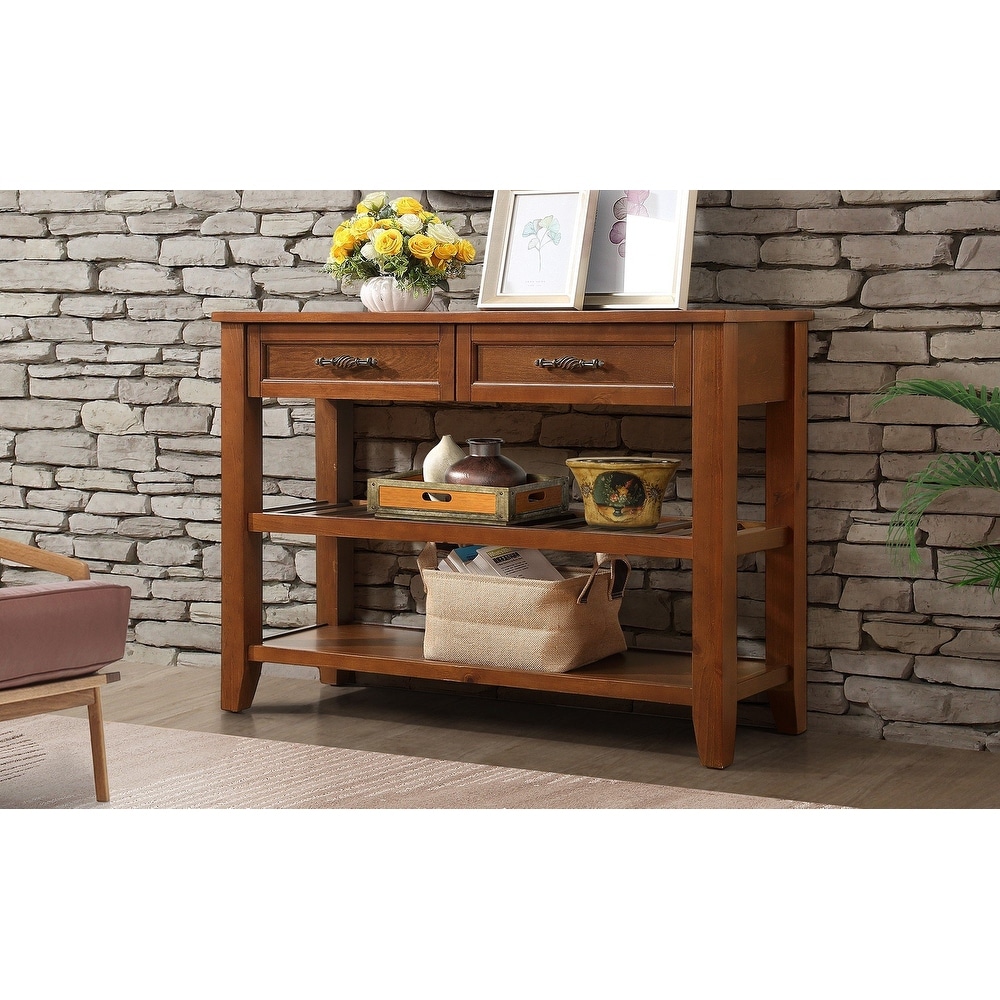 Console Table with 2 Drawers and 2 Tiers Shelves  Entryway Sofa Table Long Narrow Wood Console Table for Living Room  Brown