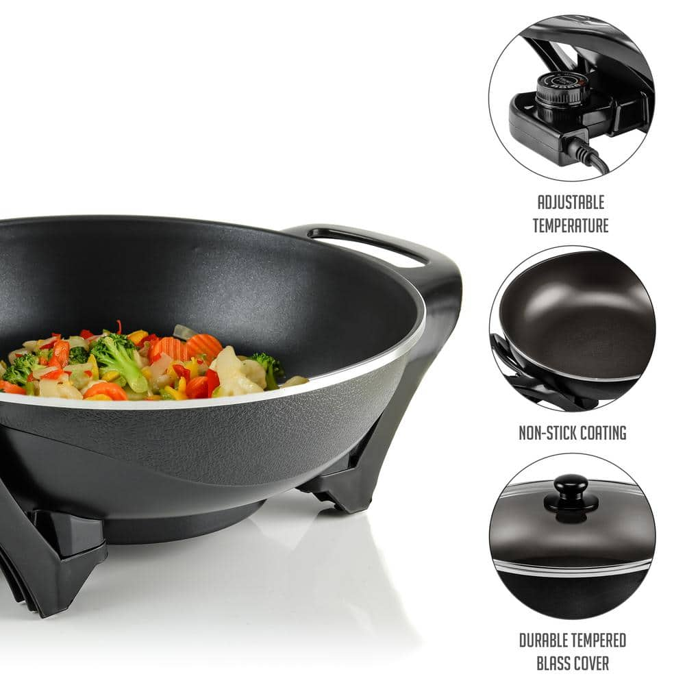 OVENTE 13 In. Black Non-Stick Electric Skillet with Aluminum Body Adjustable Temperature Controller Tempered Glass Cover SK3113B