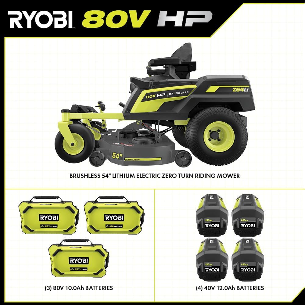 RYOBI 80V HP Brushless 54 in. Battery Electric Cordless Zero Turn Riding Mower (3) 80V Batteries (4) 40V Batteries and Charger RYRM8034