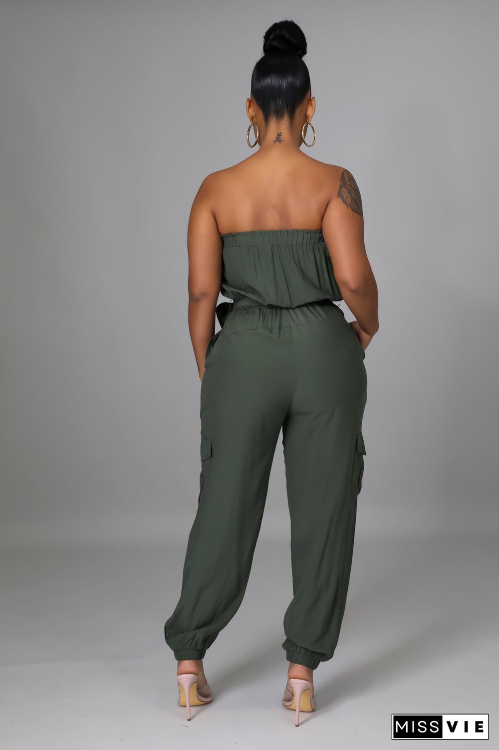 Strapless Lace Up Belts Pockets Overalls Jumpsuits