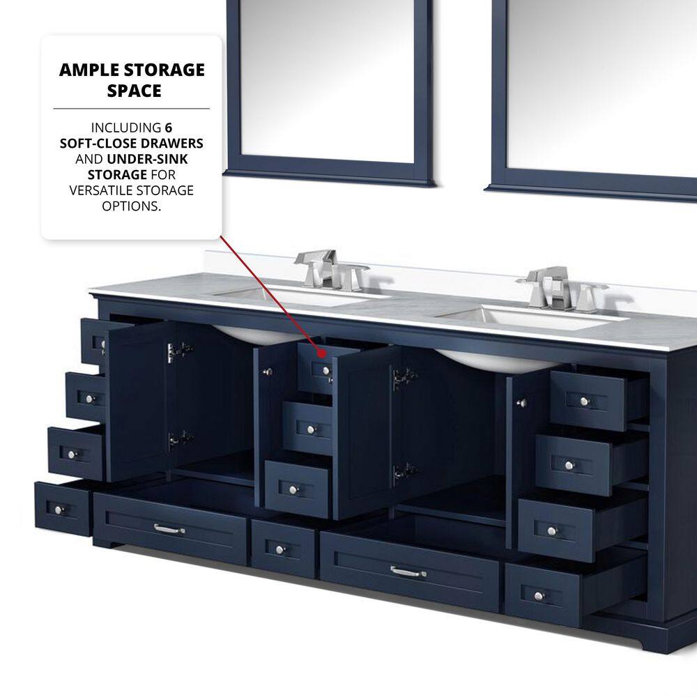 Lexora Dukes 84 in. W x 22 in. D Navy Blue Double Bath Vanity White Quartz Top and 34 in. Mirrors LD342284DEWQM34