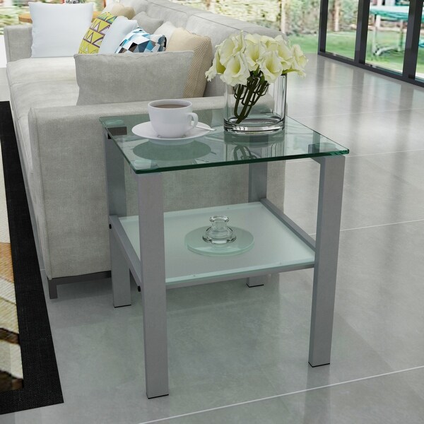 Glass two layer tea table， small round table， bedroom corner table， living room grey side table