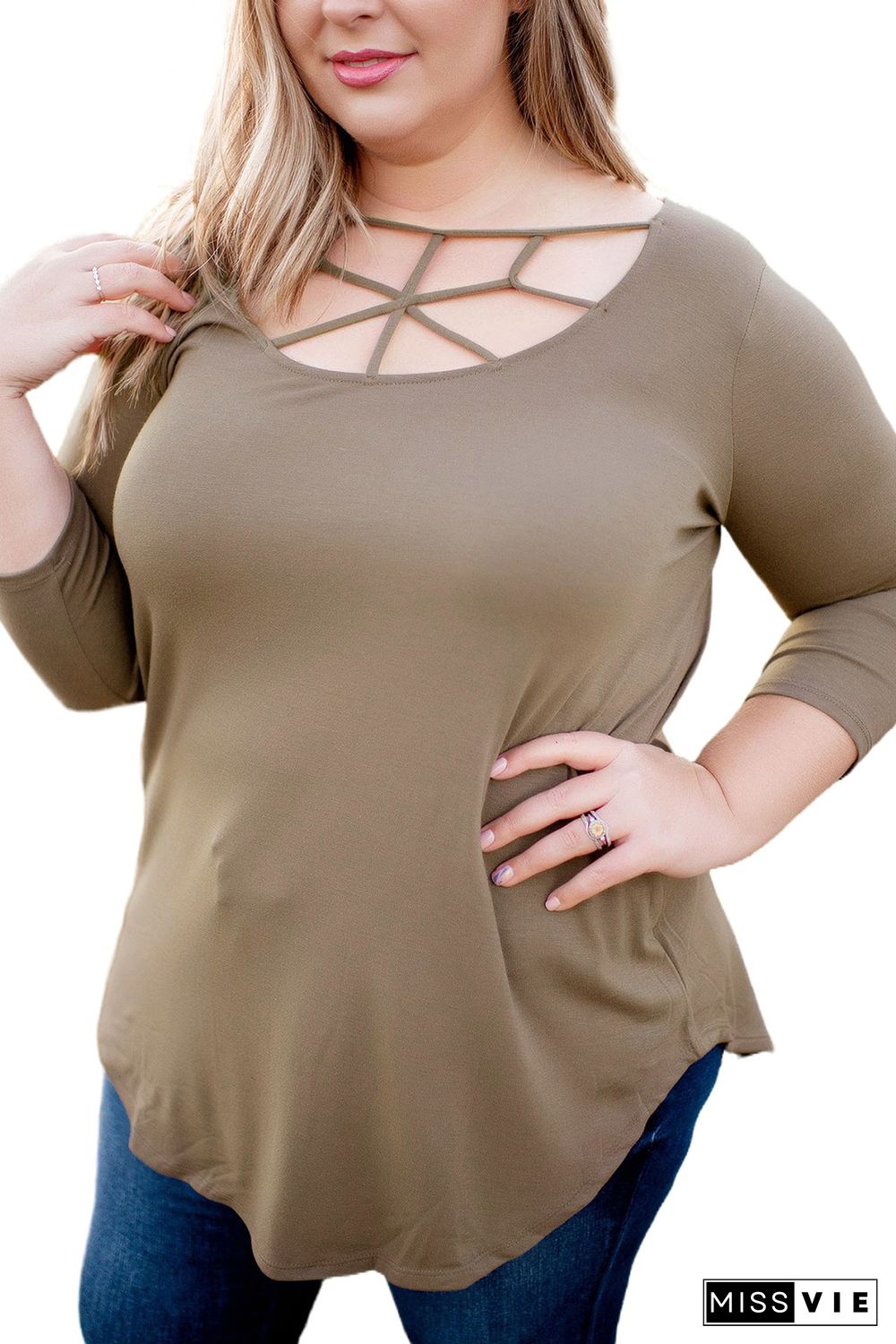 Brown 3/4 Sleeve Cut out Neckline Plus Size Top