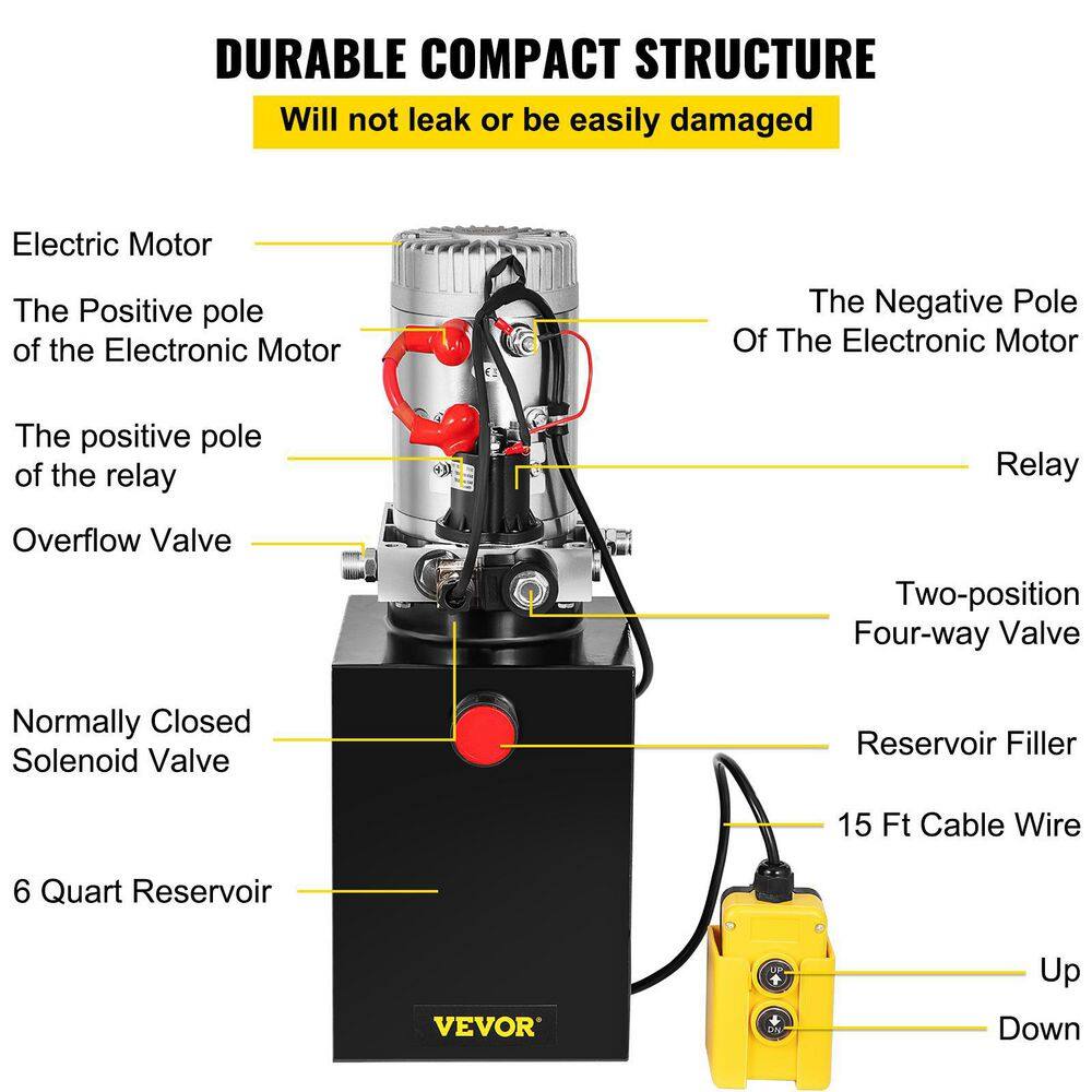 VEVOR Hydraulic Power Unit 6 Quart Hydraulic Pump Single Acting 3200 PSI Max Power Unit for Dump Trailer Car Lifting 12V DC 6LCZYYBTXDZY00001V0