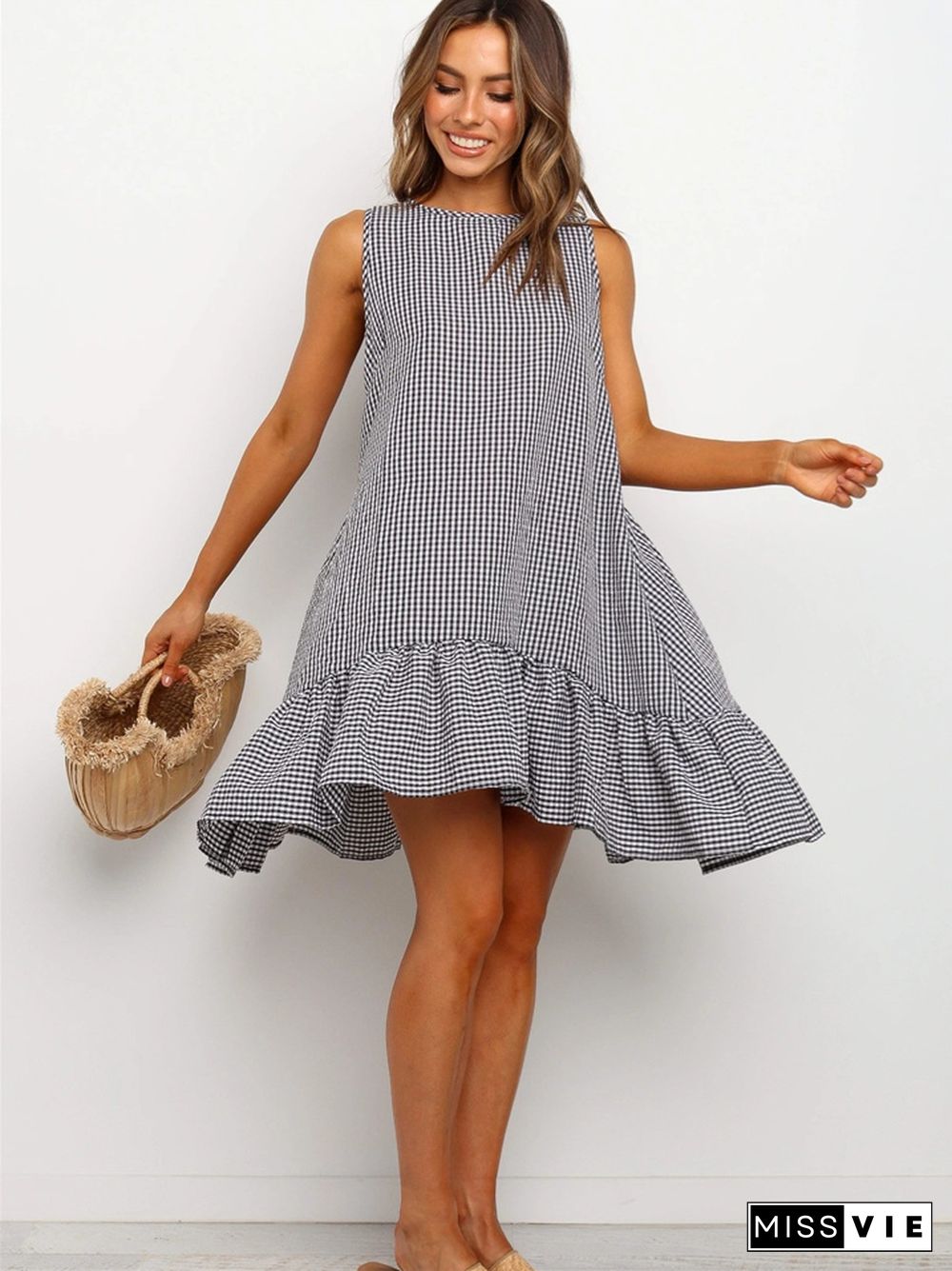 Temperament Sleeveless Plaid Round Neck Ruffled Skirt Dress for Women