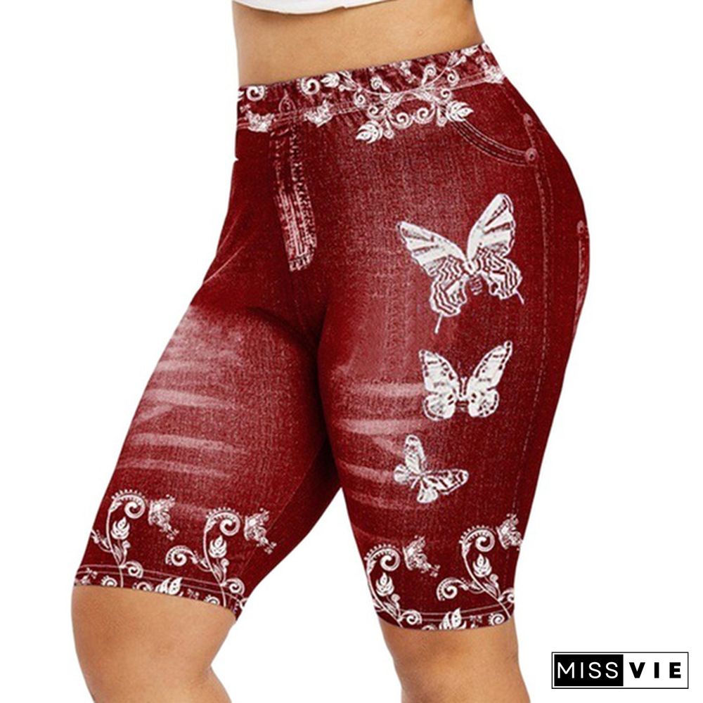 Women's Fashion 3D Butterfly Floral Print Denim Shorts Leggings Plus Size Jeggings Shorts Leggings