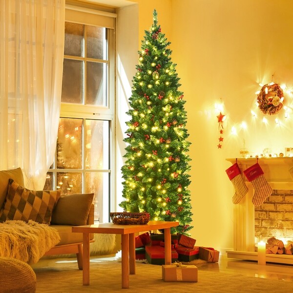 Gymax 6.5Ft PreLit Pencil Christmas Tree Hinged Artificial Slim Tree