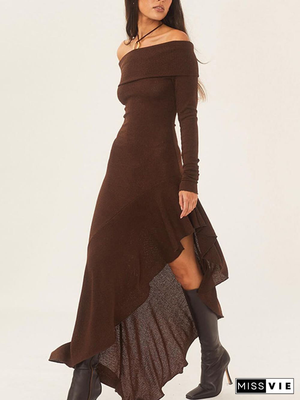 Bateau Neck Long Sleeve Maxi Dress