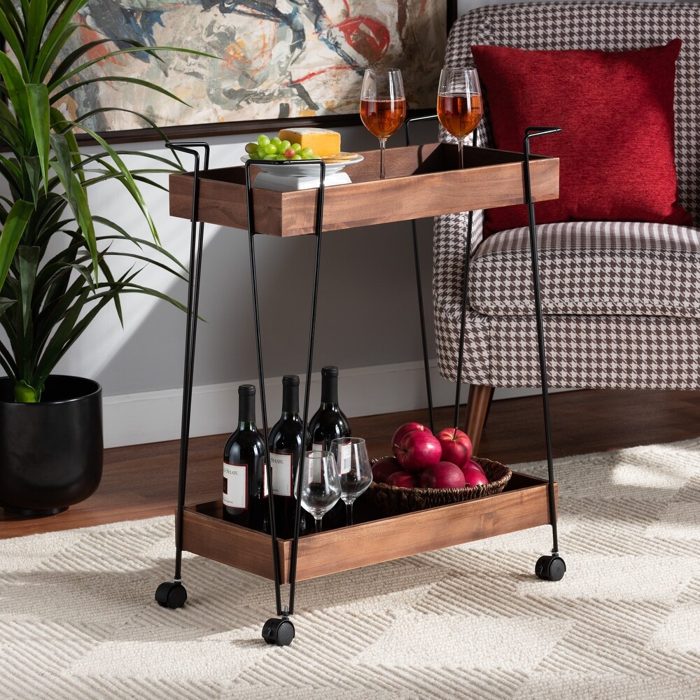 Reynard Modern   Industrial 2 Tier Wine Cart Walnut Brown