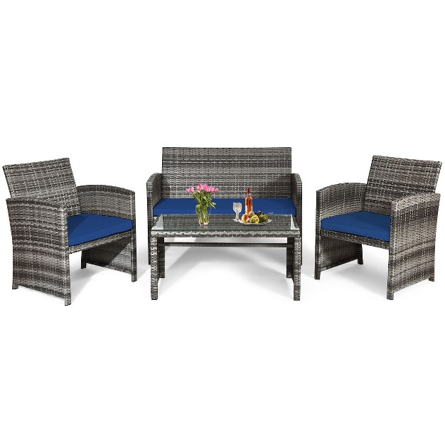 Tangkula 4 piece Outdoor Patio Furniture Set Rattan Wicker Conversation Sofa Set Navy