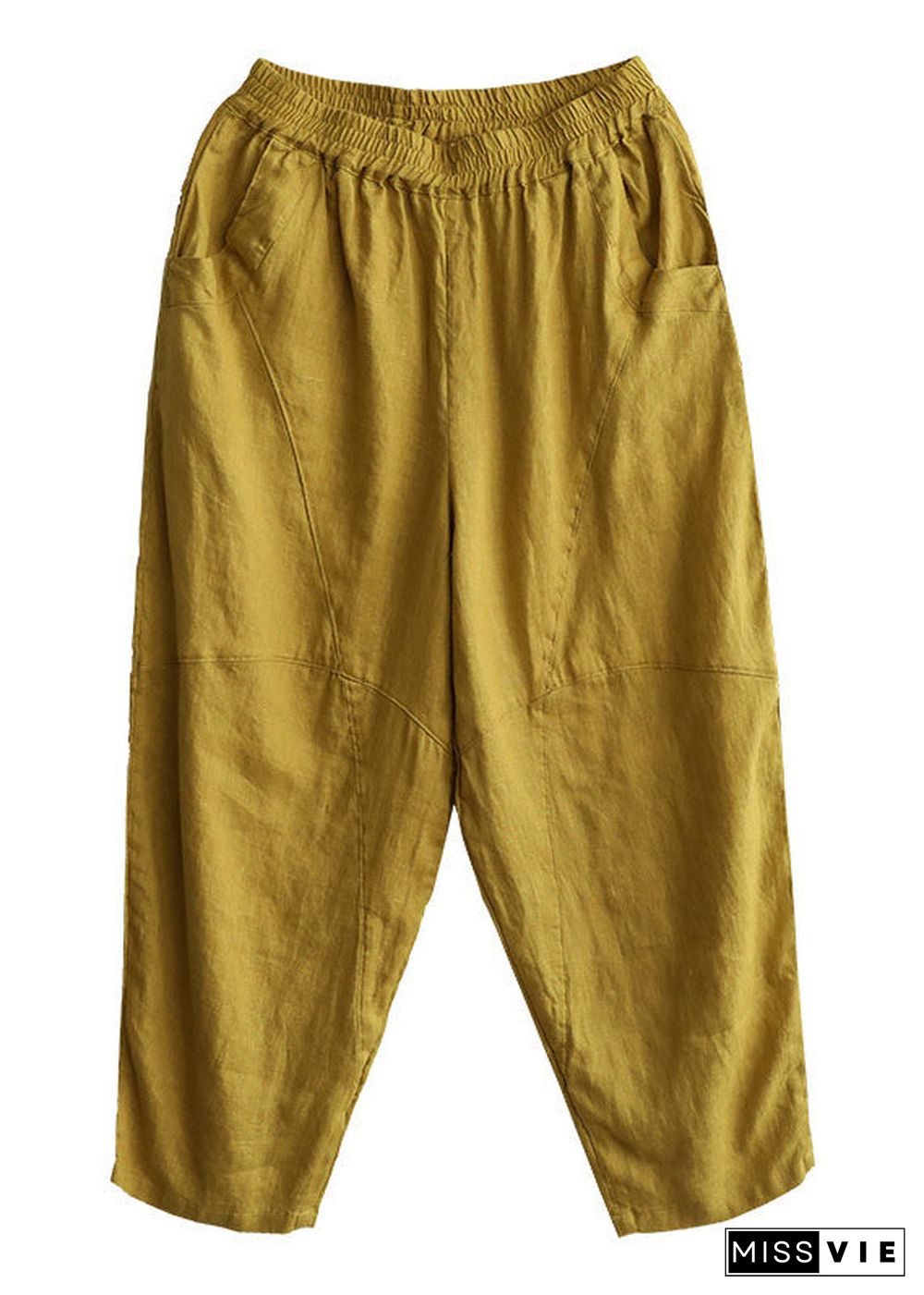 Italian Yellow Elastic Waist Pockets Linen Pants Summer