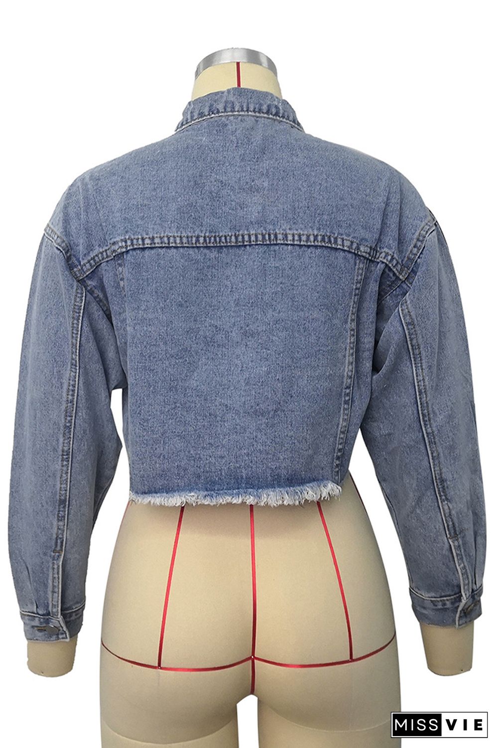 Buttons Front Raw Hem Ripped Crop Denim Jacket Women Wholesale