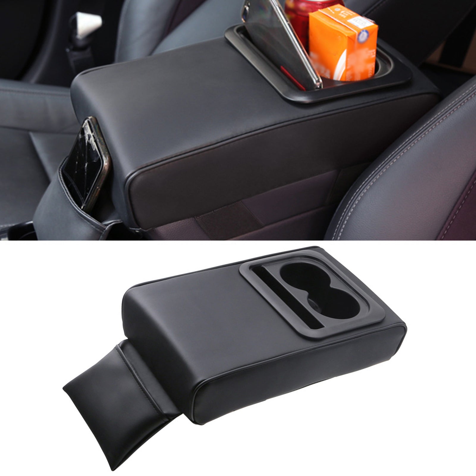 Car Armrest Box Interior Decor Protection Accessories， Waterproof Universal PU Leather Center Console Cover with 2 Straps， Memory Foam Arm Seat Box Cushion Pad Fit for Most Car Truck SUV