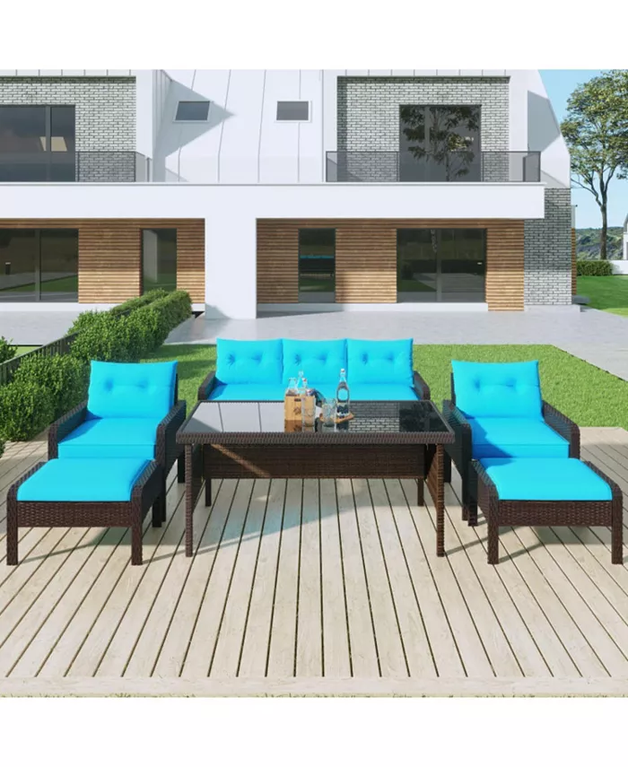 Simplie Fun 6-Piece Outdoor Patio PE Wicker Rattan Sofa Set Dining Table Set with Removable Cushions and Tempered Glass Tea Table for Backyard Poolside Deck Brown Wicker Blue Cushion