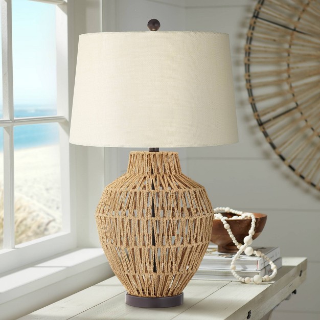 Tall Natural Wicker Oatmeal Drum Shade For Bedroom Living Room Bedside Nightstand Office Kids