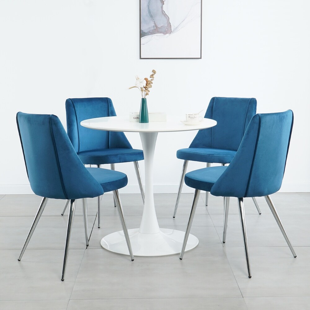 Modern simple velvet blue dining chair home bedroom stool back dressing chair student desk chair chrome metal legs(set of 4)