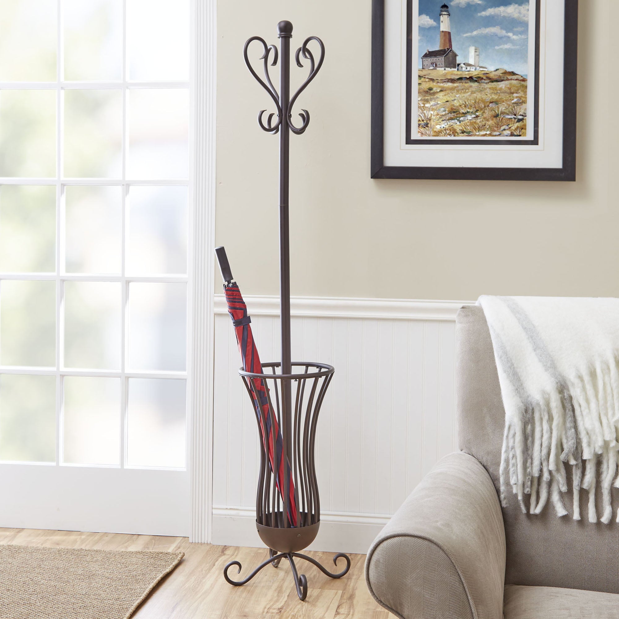 Better Homes and Gardens Traditional Metal Coat Rack With Umbrella Stand， Bronze Finish