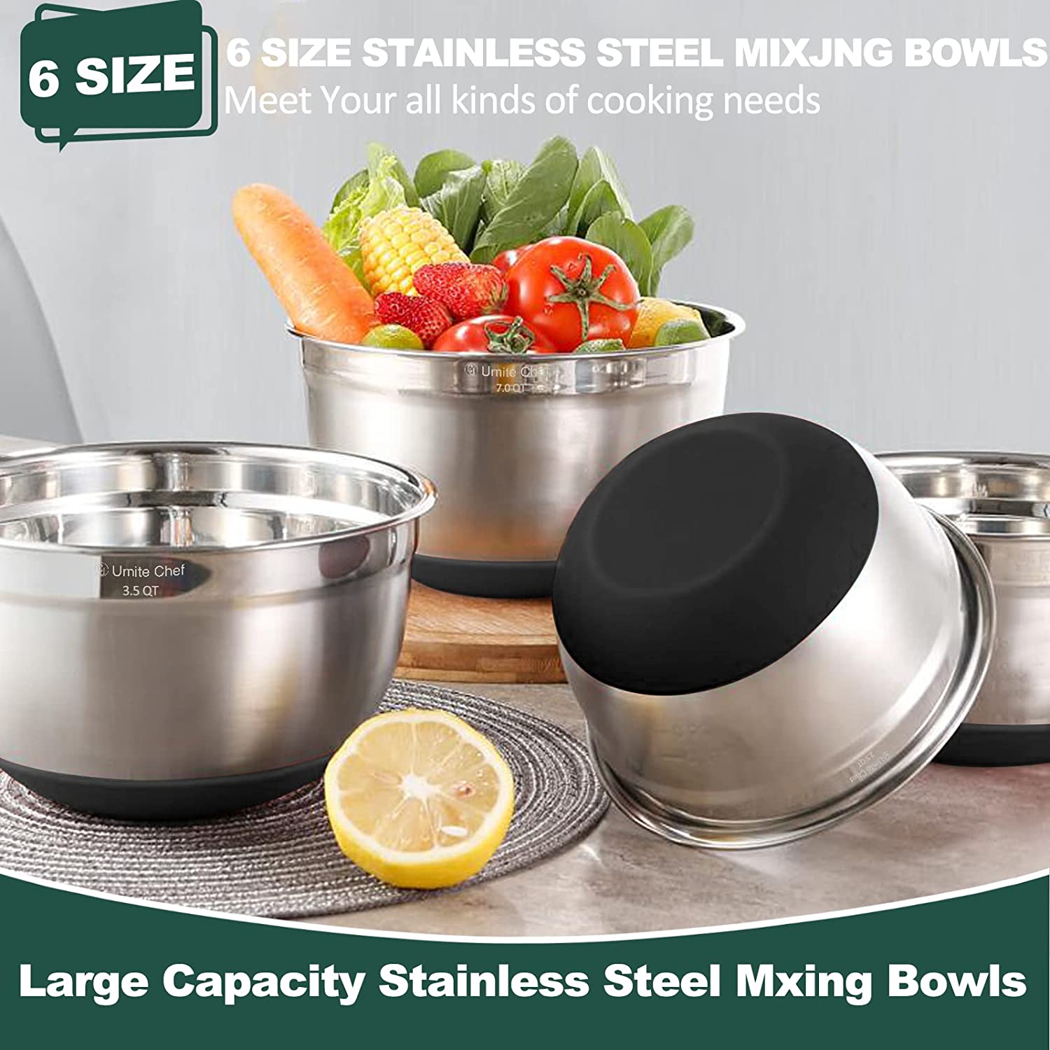 Chef Mixing Bowls with Airtight Lids 6 Piece Stainless Steel Metal Bowls, Measurement Marks & Colorful Non