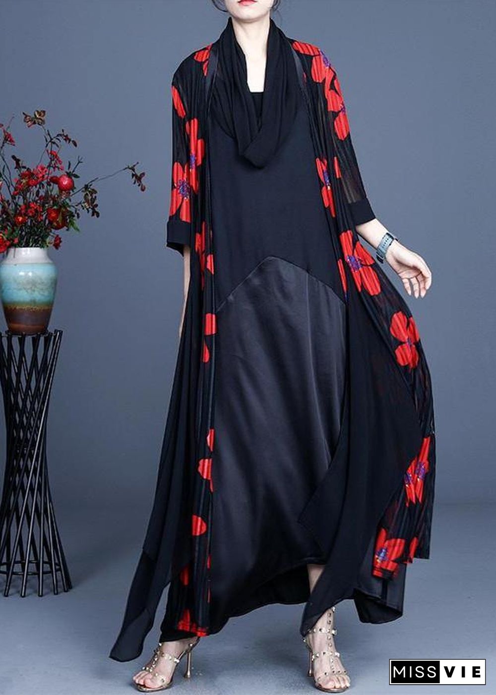 Simple Red Floral Summer Silk Long Loose Jacket