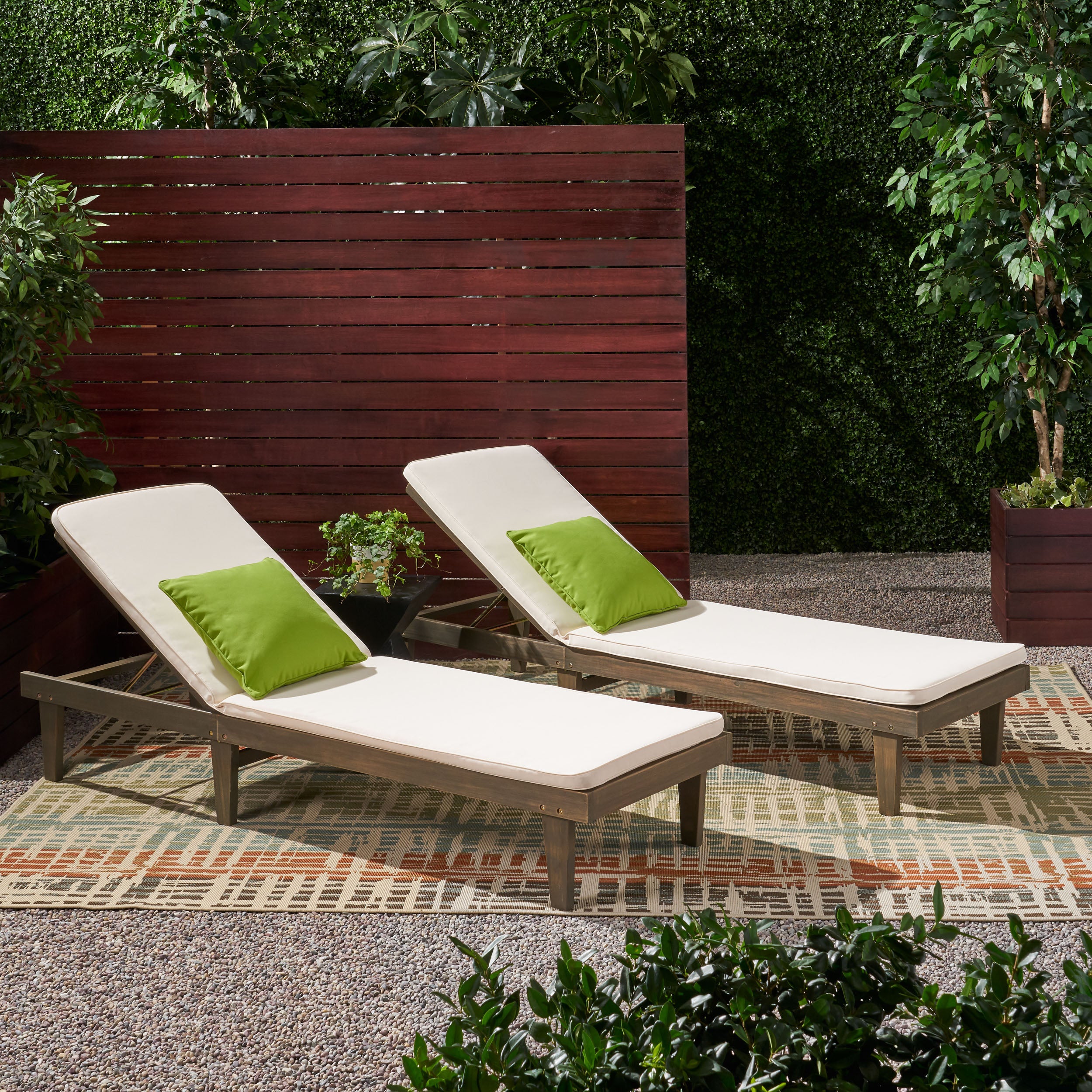 Nadine Outdoor Modern Acacia Wood Chaise Lounge with Cushion (Set of 2)