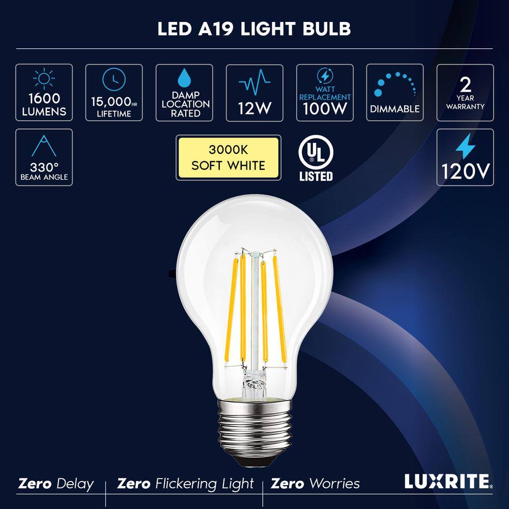 LUXRITE 100-Watt Equivalent A19 1600 Lumens Dimmable E26 Edison LED Light Bulb 12-Watt Damp Rated UL 3000K Soft White (4-Pack) LR21661-4PK