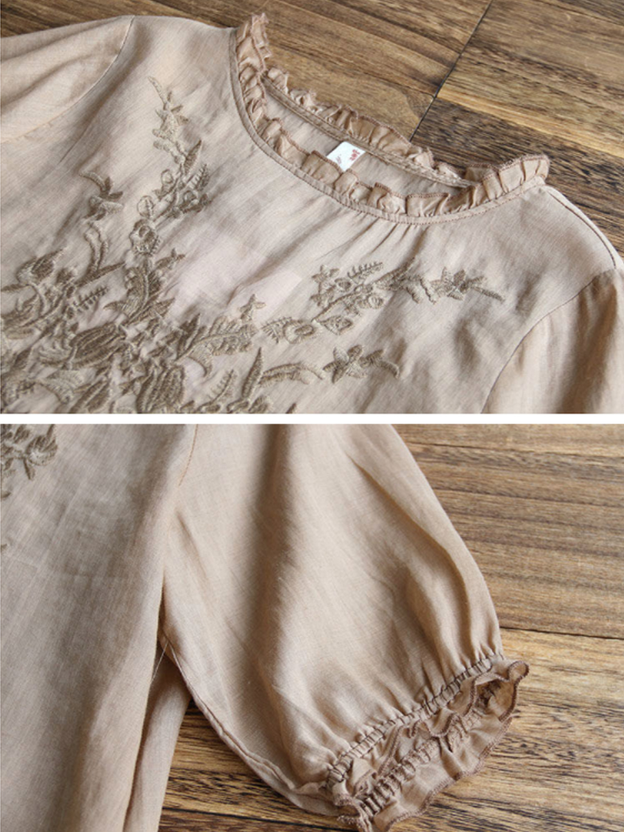 Ladies Round Neck Cotton Embroidered Casual Short-sleeved Blouse