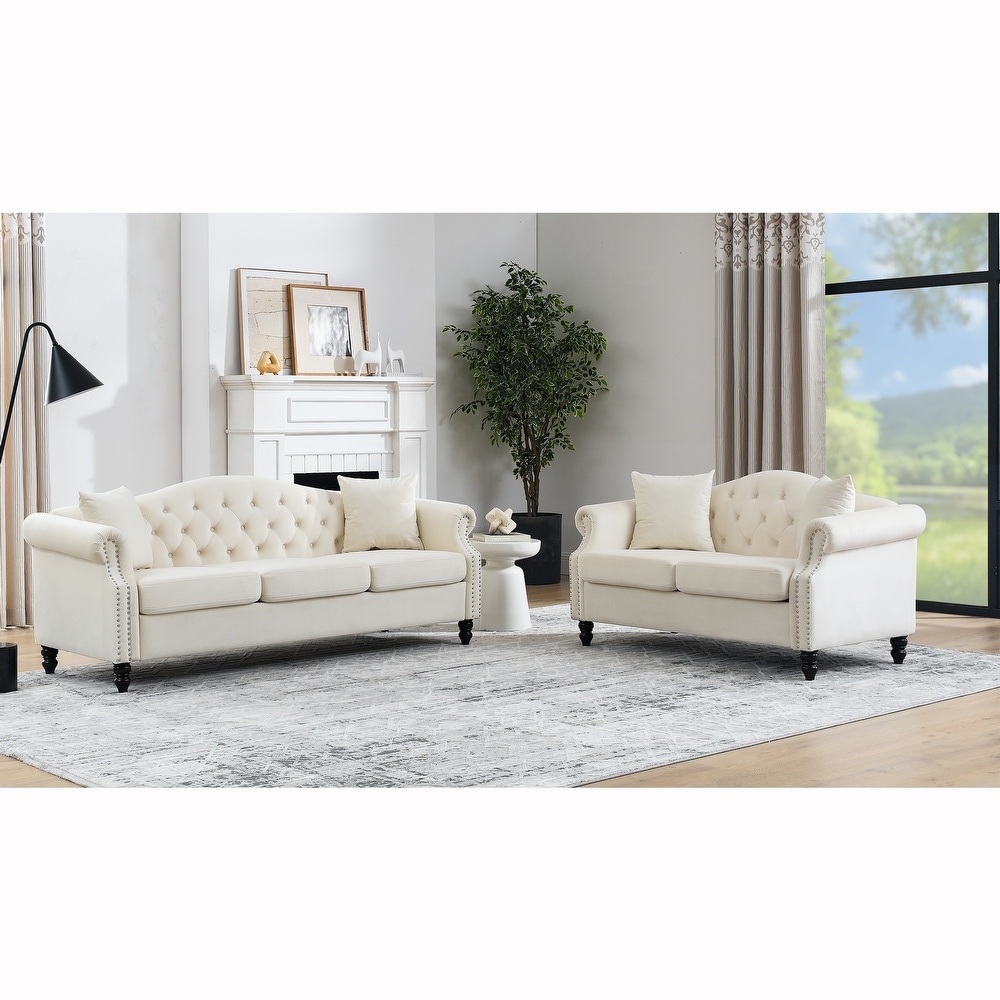 Beige Velvet Nailhead Trim Sofa Set  3 Seater + Loveseat