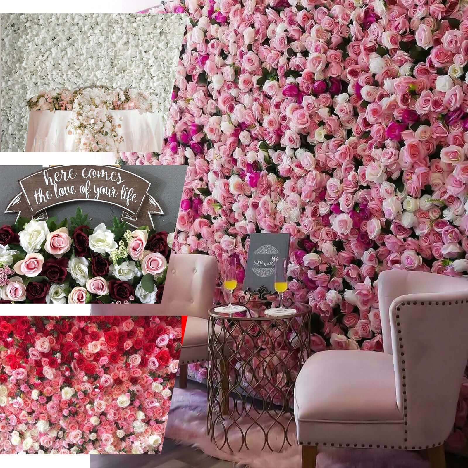 Easy-Install Red Silk Rose Flower Mat Wall Panel Backdrop 3 Sq ft.