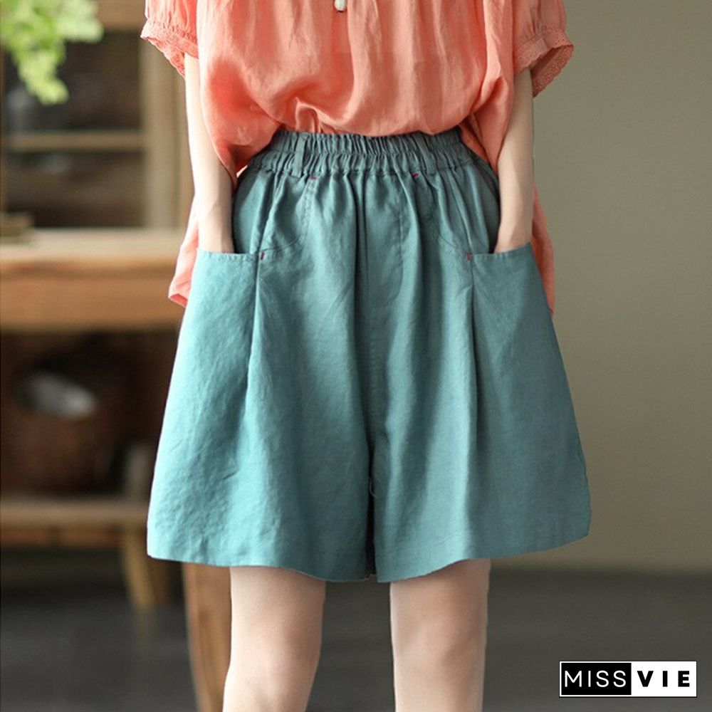 Summer New All-match Pure Linen High Waist Shorts Elastic Waist Loose and Thin Wide-leg Pants Casual Solid Color Shorts Woman