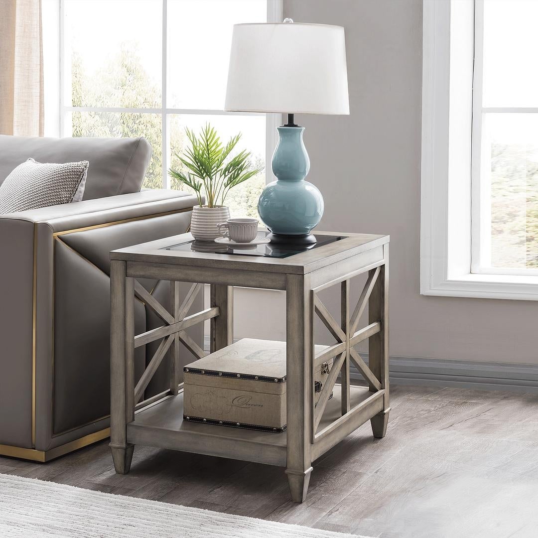 End Table Solid Wood and Tempered Glass Top