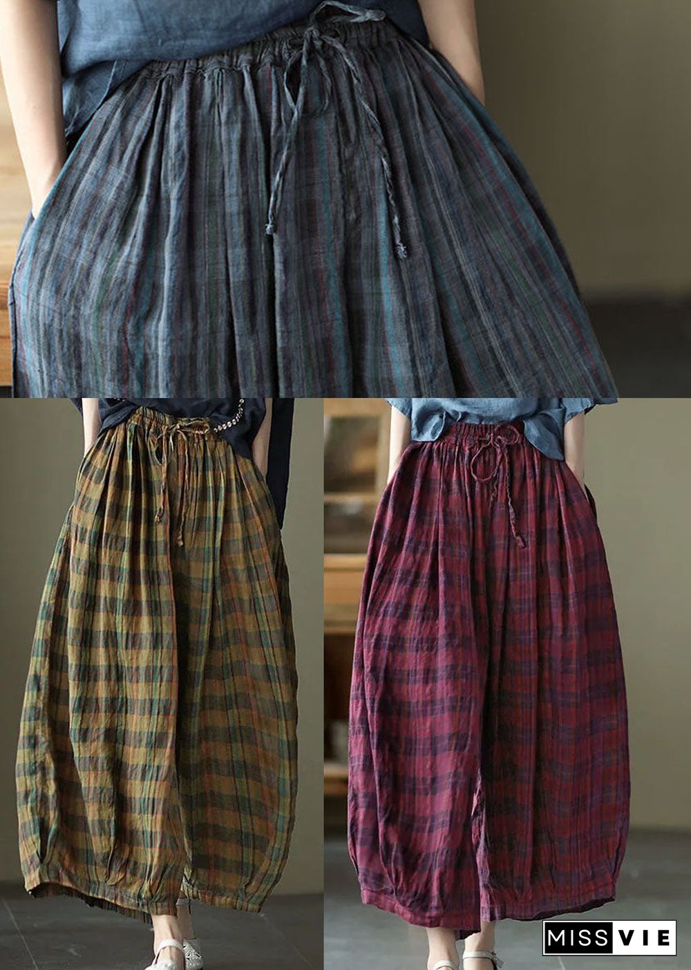 Yellow Plaid Print Cotton wide leg Pants drawstring Spring