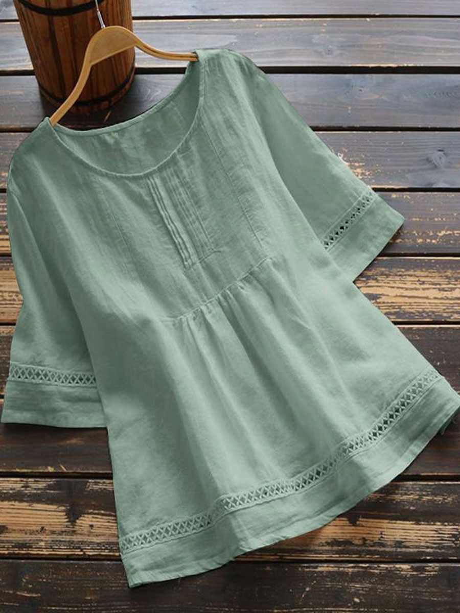 Round Neck Casual Loose Cutout Stitching Short-sleeved Blouse