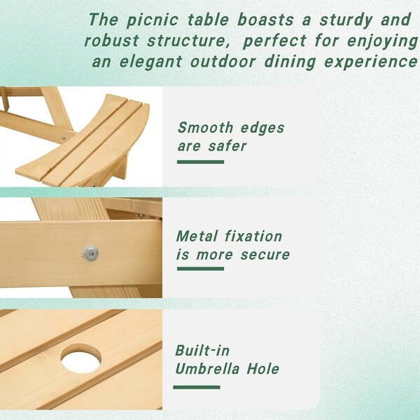 6 Person Outdoor Picnic Table with Bench，Round Pinic Table w/ 3 Bulitin Benches and Umbrella Hole，Outside Table and Bench Set