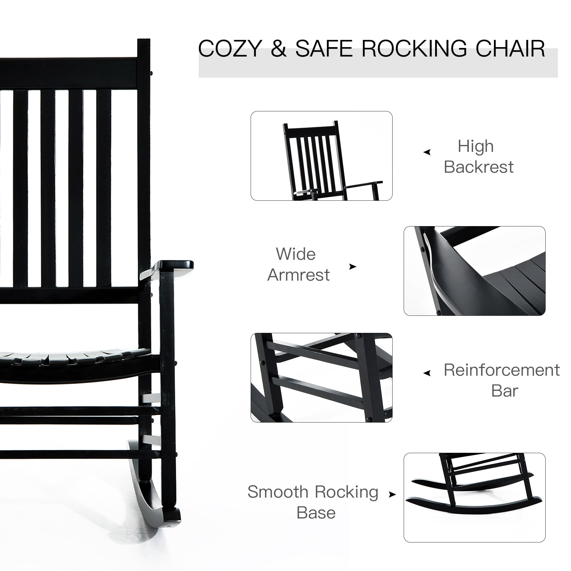 Outsunny Outdoor Rocking Chair, Wooden Rustic High Back All Weather Rocker, Slatted for Indoor, Backyard & Patio, Black