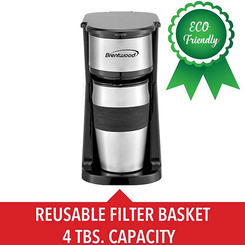 Brentwood Portable Single Serve Coffee Maker with 14oz Travel Mug in Black