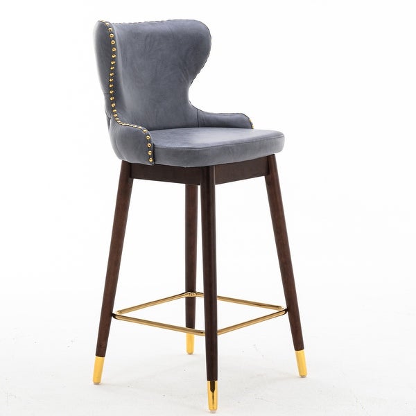 Modern Leathaire Fabric Bar Chairs with Tufted Gold Nailhead Trim Bar Stools and Footrest Set of 2 for Restaurant， Bistro