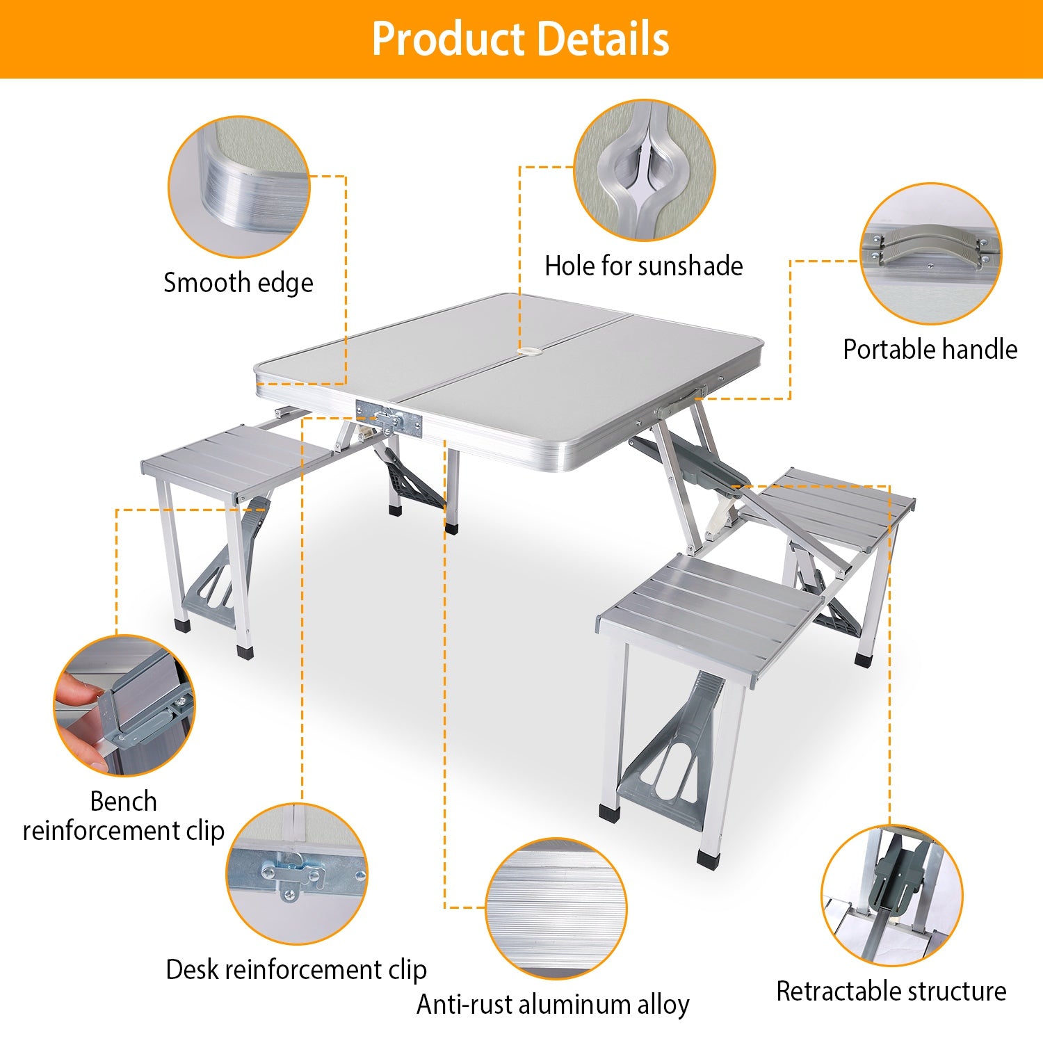 Folding Picnic Table with 4 Seats Umbrella Hole， iMountek Portable Aluminum Table for Camping Barbeque Outdoor，  33.7x26.4in