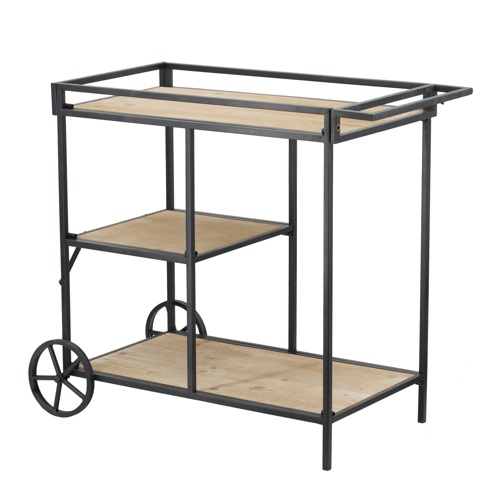 32 Inch Bar Cart， 3 Tiers， Fir Wood Shelves， Iron Frame， Black， Brown