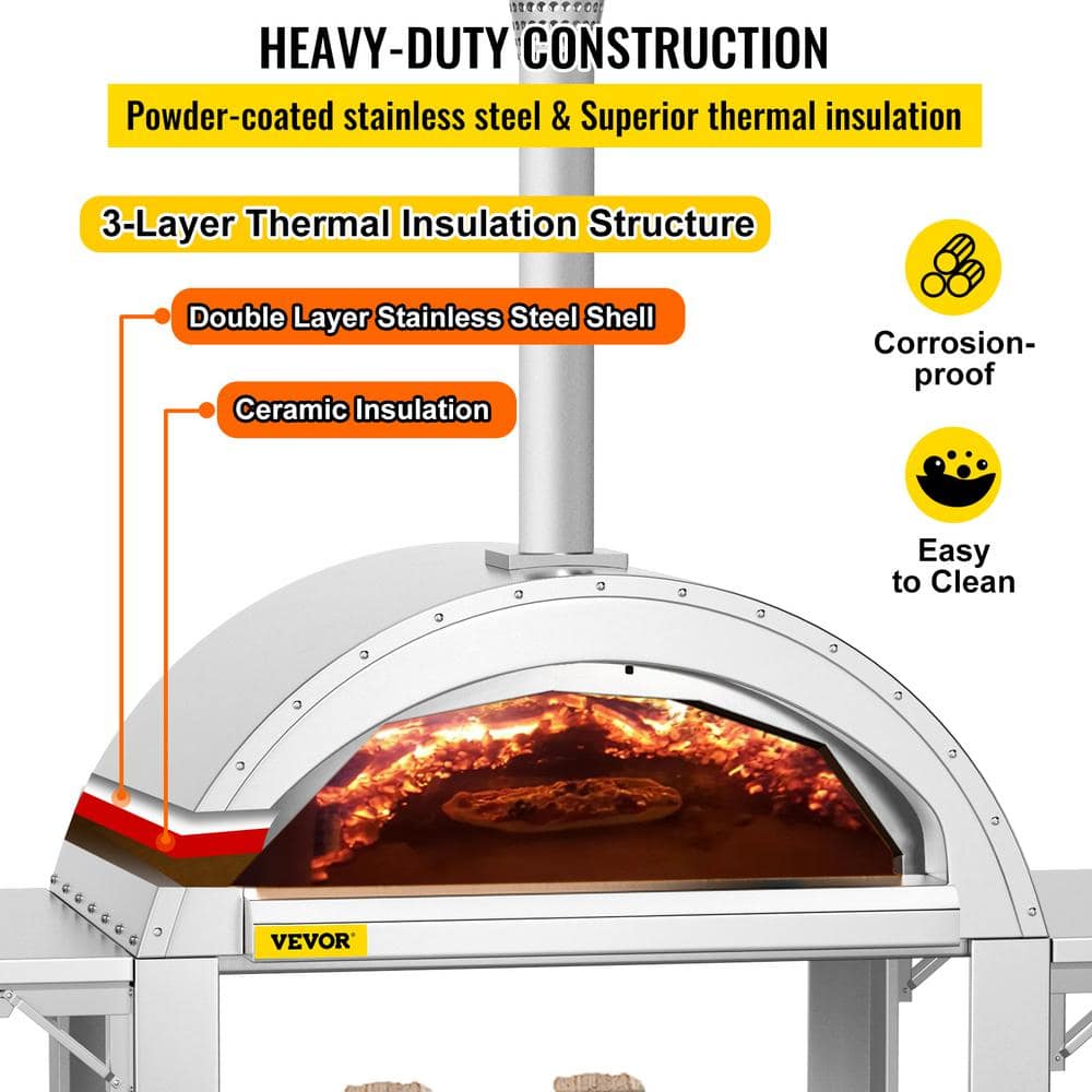 VEVOR 44 in. Wood Fired Artisan Pizza Oven Outdoor Pizza Oven 3-Layer Stainless Steel Pizza Maker with Wheels HWPSKXTJY44INAY7CV0