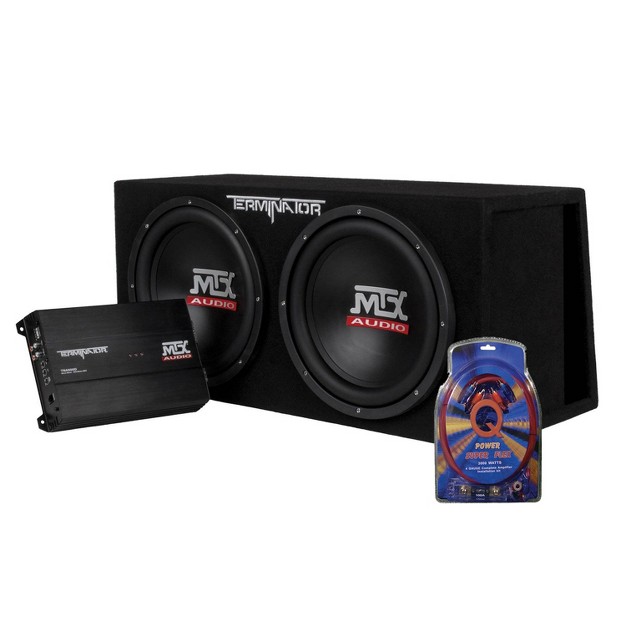 Mtx Tnp212dv 12 inch 2000 watt Dual Loaded Subwoofer Enclosure With Amplifier With Qpower Super Flex 4 Gauge 3000 Watt Amplifier Wiring Amp Kit