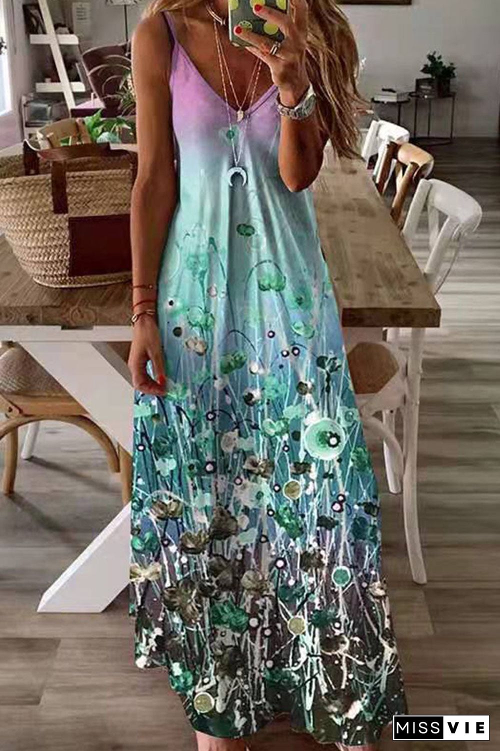 Fashion Sweet Print Split Joint V Neck Princess Dresses