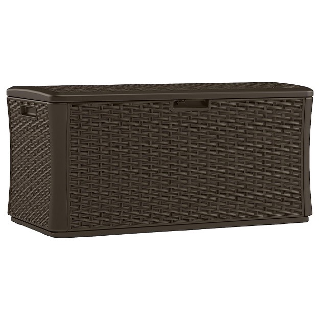 Suncast 134 Gallon Extra Large All weather Wicker Pattern Deck Box With Lockable Lid For Garden Garage Patio Or Outdoor Use Java