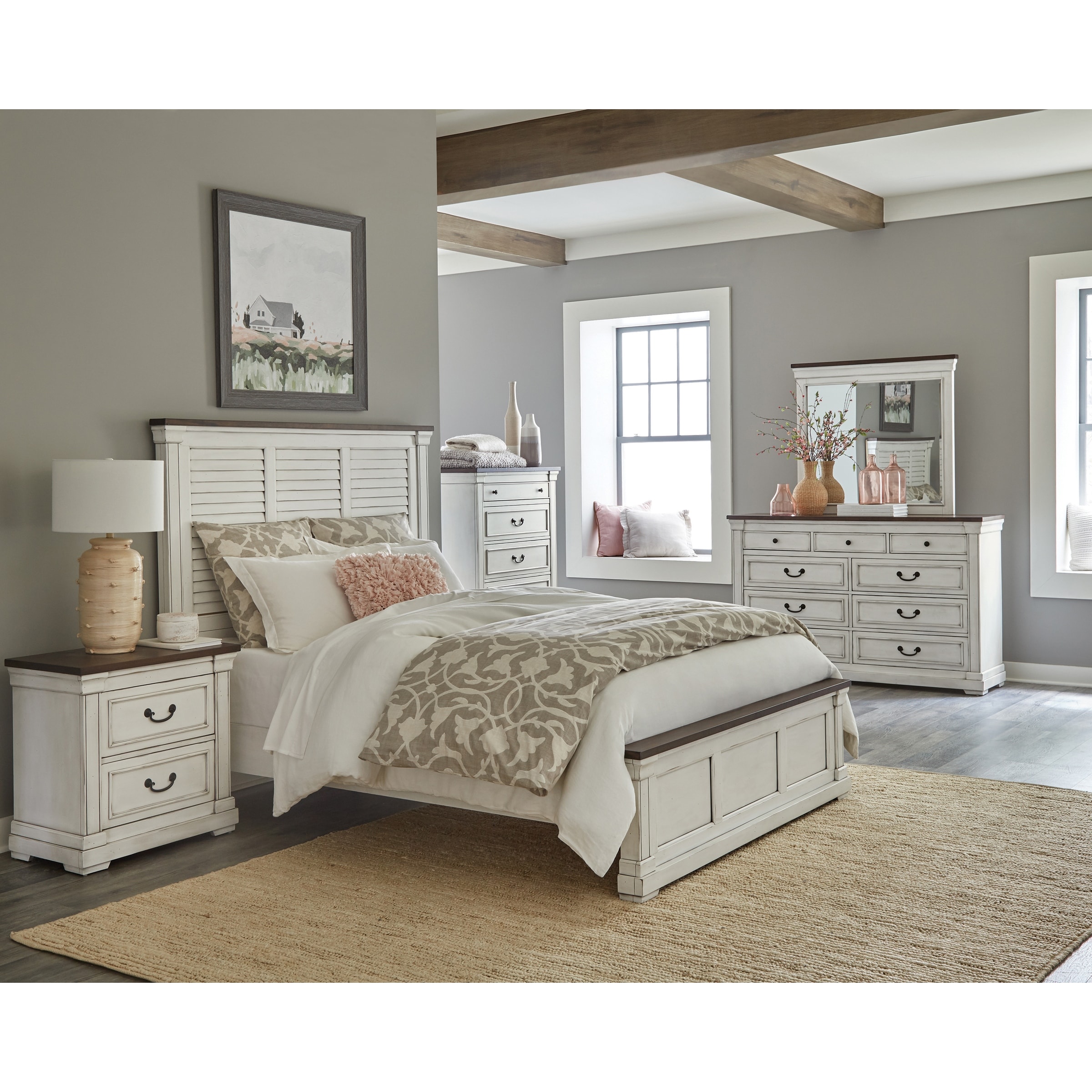 Marlowe White and Dark Rum 5-piece Bedroom Set with 2 Nightstands - - 32116988